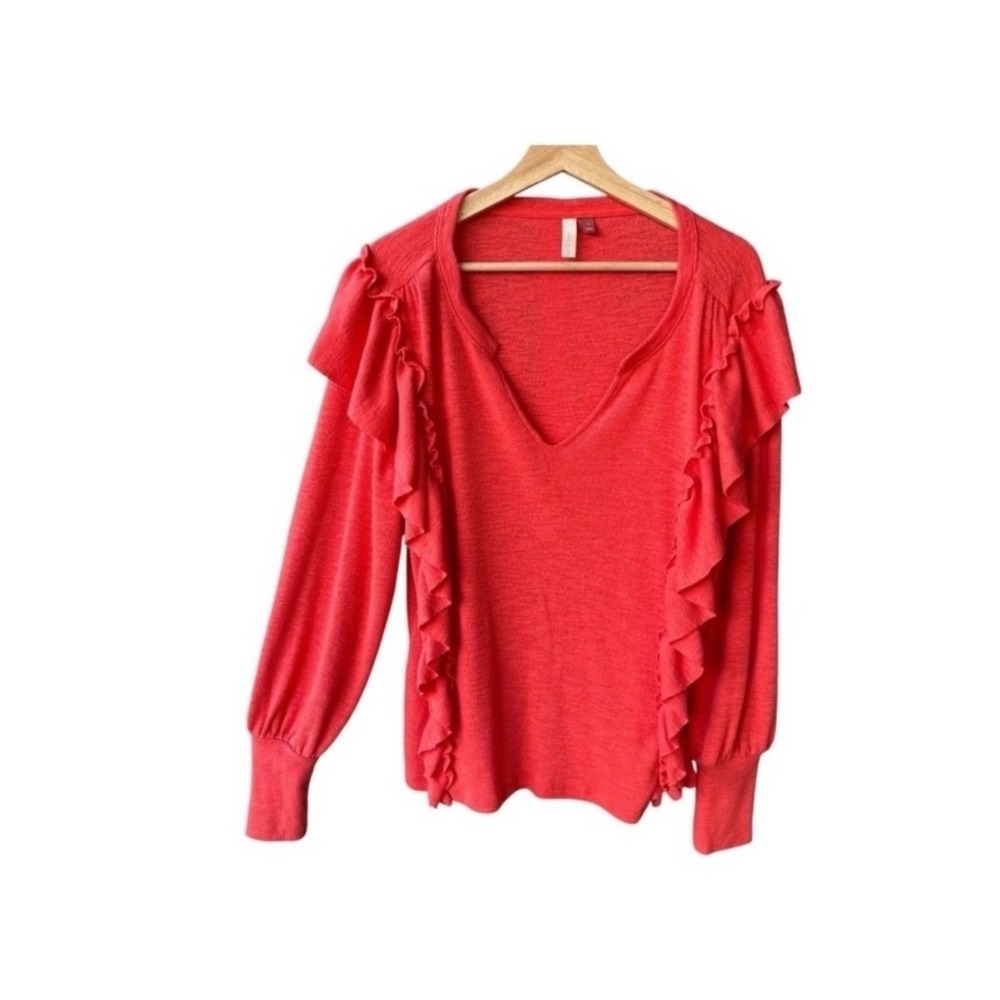 Pilcro and the Letterpress Sweater Top Coral Red Ruffle Knit Long Sleeve Small
